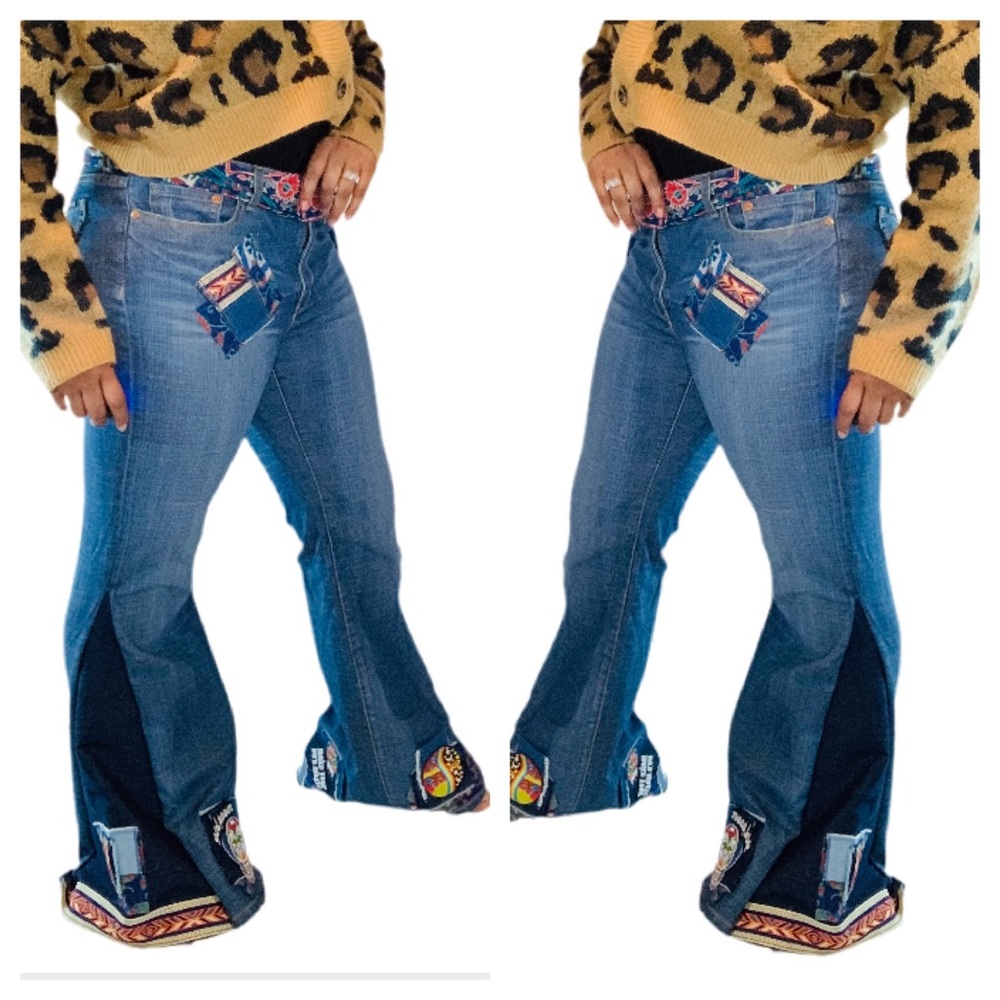 Handmade Boho Flare Jeans Bell Bottom Women’s Jeans Upcycled - Picture 10 of 11
